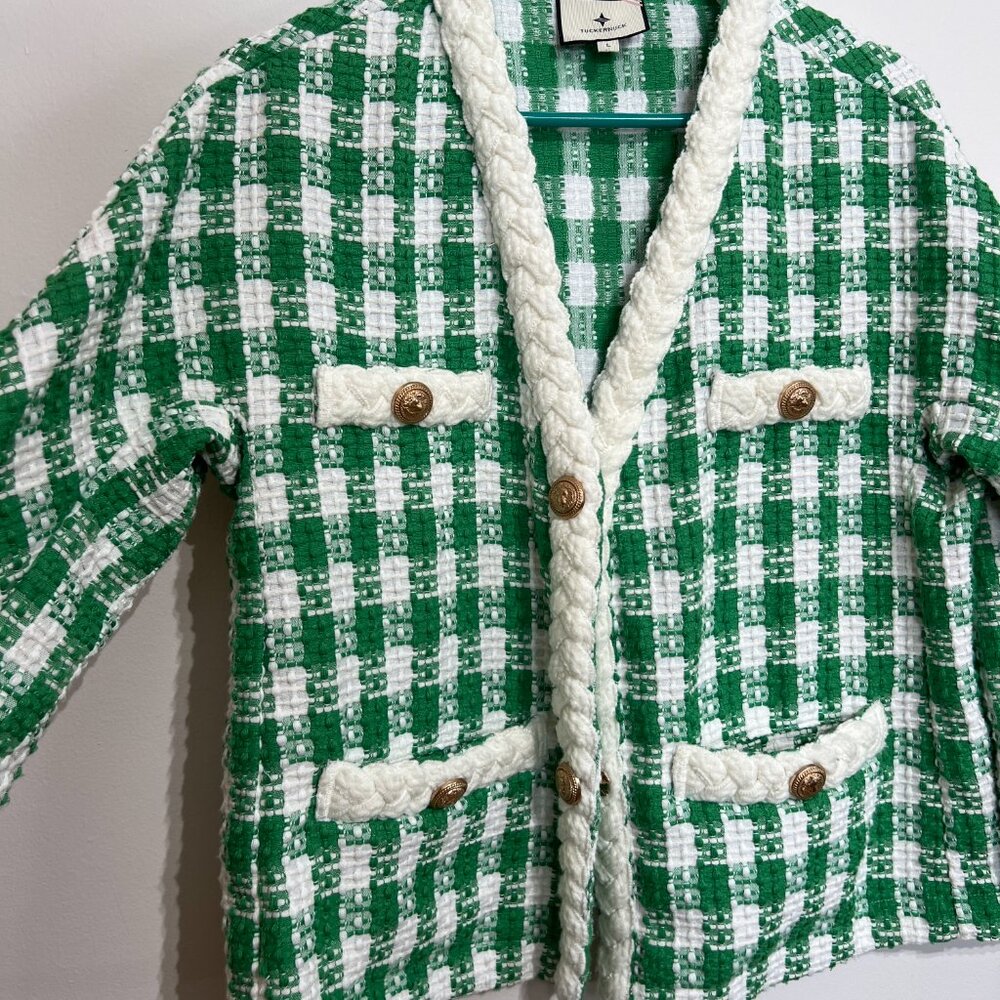 Tuckernuck Green and White Tweed Braided-Trim Blazer - Picture 4 of 8
